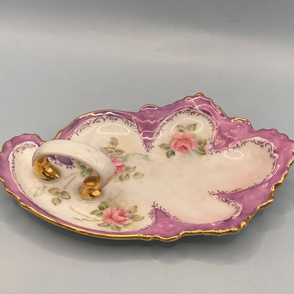 Handmade Porcelain Ceramic Dish w/Handle  Grannycore Trinket Jewelry Candy Cards - Picture 1 of 6